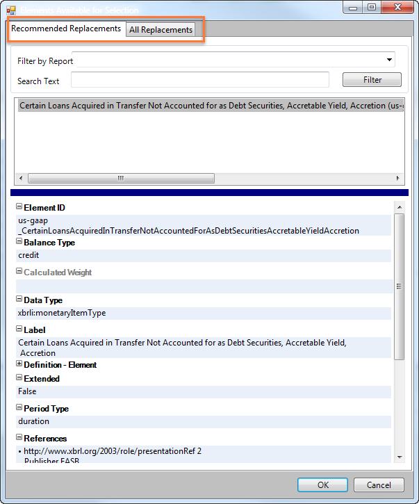 Recommended Replacements tab