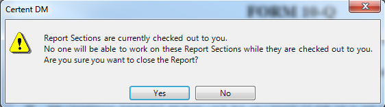 Popup Warning: Report Sections are currently checked out to you.