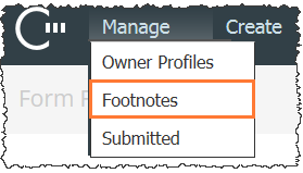 Manage > Footnotes menu