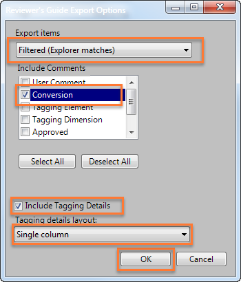 Reviewer's Guide Export Options window